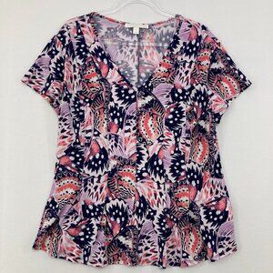 Juniper + Lime size XL V Neck Purple Pink Short Sleeve Abstract Stretch Knit Top